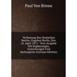   Und Sachregister (German Edition) Paul Von RÃ¶nne Books