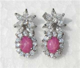   White Gold 18k 14k gf 6 Rays Pink Star Sapphire Dangle Earrings  