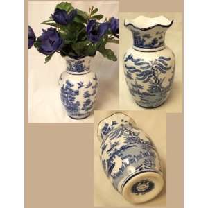  Blue Willow Ceramic Floral Vase 