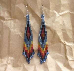 Southwest Beaded Earrings Blue Multi Long Dangle 925 Sterling Silver 
