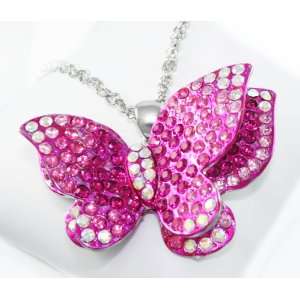 Sophia XX Large 3 D Hot Pink Crystal Butterfly Charm Necklace on Long 