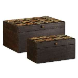   Brown Hand Painted Wooden Boxes   Set of Two: Kitchen & Dining