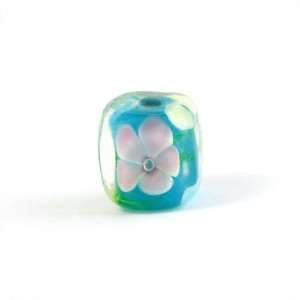  10mm Blue with Multi Colored Flowers Glass Cube Bead Arts 