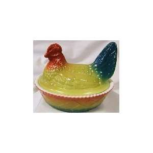  5 Glass Painted Rainbow Teal Chicken on Basket Covered 