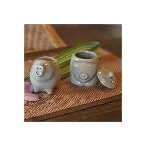  NOVICA Celadon ceramic sugar bowl and creamer, Piggy 