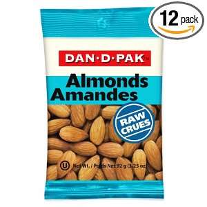Dan D Pak Raw Whole Almonds, 3.25 Ounce Bags (Pack of 12)  