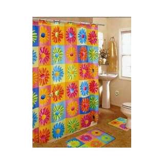 NEW RETRO CRAZY DAISY FABRIC SHOWER CURTAIN, FABRIC COVERED RINGS 