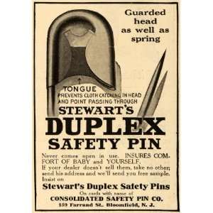 1909 Ad Consolidated Stewart Duplex Safety Pins Cloth   Original Print 