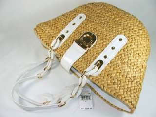 Michael Kors Santorini Straw Patent Leather Large Tote Bag Purse White 