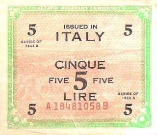 Italy 5 Lire WW II ALLIED MILITARY CURRENCY A18481058B 1943 A  