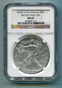 2012(S) AMERICAN SILVER EAGLE SAN FRANCISCO MINT LABEL NGC MS69 BROWN 