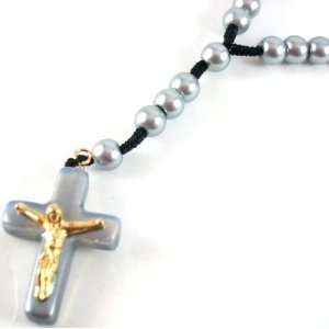 Silver Stone Beads Rosary Crucifix Cross  New in Box  