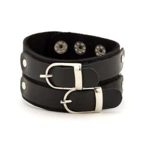  Black dble buckle leather bracelet ring wristband cuff by 