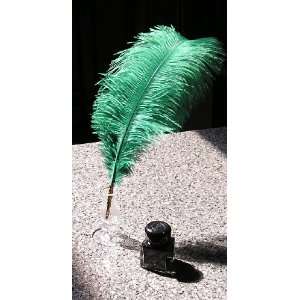  Ostrich Plume Feather Pens with Nib   Green (Ink & Stand 