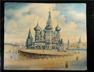 Antique Russian Original Painting Moscow Watercolor 19th Century, Red 
