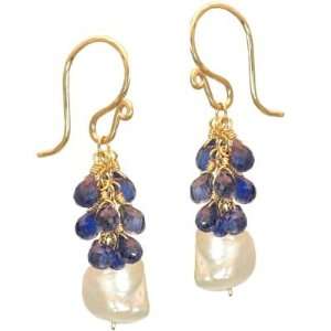   14k Gold Filled Earrings Cluster of kyanite with ivory pearl Jewelry