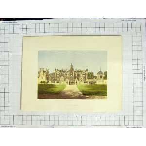  1880 COLOUR PLATE VIEW HARLAXTON MANOR HOUSE GARDEN