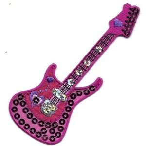    Guitar w/Fuchsia Sequins   Iron On Embroidered Applique/Rock NRoll