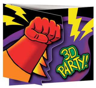 3D Super Hero Fun Birthday Kids Party Invitation Cards 8 Pack  