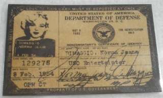 Marilyn Monroe USO ID Identification Card 1954 FreeShip  