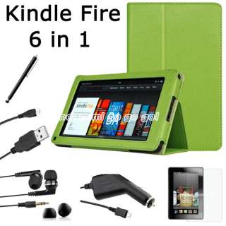 For Kindle Fire   Folio Case Cover/Car Charger/USB Cable/Stylus/Ea 