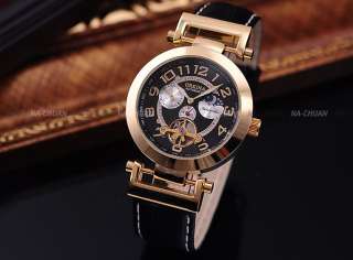   Mens Mechanical Gold Steel Case Automatic Sun Moon Black Leather Watch