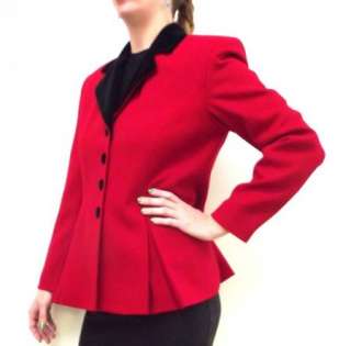 Red Worsted Wool & Black Velvet Fitted Equestrian Style Jacket Blazer 
