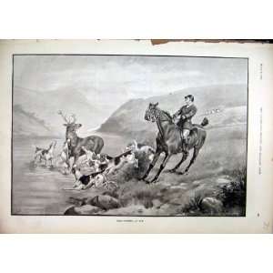   Stag Hunting River 1892 Dog Horse Man Mountain Scene