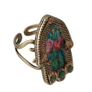 Michal Negrin Hamsa Ring with Roses, Metal Lines Around, Glitter and 