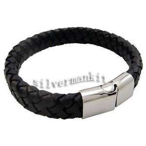   Silver Black Genuine Cattle Leather Magnetic Stainless Steel Bracelet