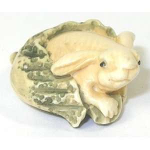 Bunny in Lettuce ~ Mini Mammoth Ivory Netsuke 