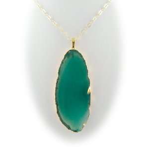 Green Agate Slice Pendant Gold Plated Sterling Silver Chain Necklace 