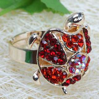 Red Crystal Glass Tortoise Golden Adjustable Ring #6.5  
