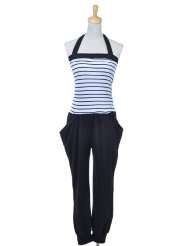  fit black white striped halter neck long pants casual jumpsuit