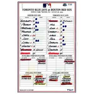  Blue Jays at Red Sox 8 28 2009 Game Used Lineup Card 