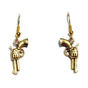 Revolver Gun Dangle Earrings in Gold on French Wires 1