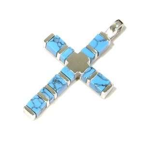 Natural Turquoise Cross Designed Sterling Silver Pendant with Rhodium 