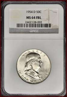 1954 Denver Mint Franklin Half Dollar. Graded MS 64 by NGC. Bright 