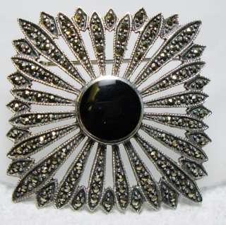 DECO Style Sterling Onyx & Marcasite BURST Brooch  