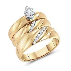 Diamond Engagement Rings Set Wedding Bands Yellow Gold Men Lady .17 CT 