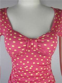 Pink Yellow Polka Dot Ruched Sweetheart Top Shirt Rockabilly Pin Up 
