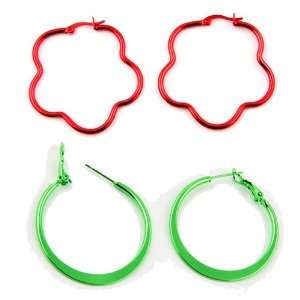 Set of Anodized Stainless Steel Floral Hoop Earrings  Color Red 