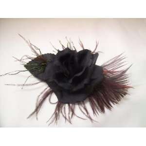  Black Rose and Feather Hair Clip 