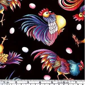  45 Wide Colorful Rooster Black Fabric By The Yard Arts 