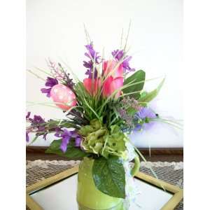  Pink Tulips in Green Pitcher