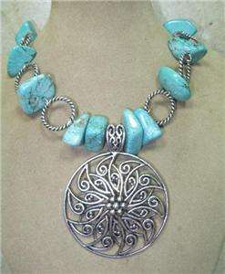 BIG SILVER PENDANT CHUNKY TURQUOISE NUGGET BEADED NECKLACE!!  