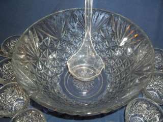 Vintage Cut Glass Punch Bowl with 9 Cups and Ladle   Excellent  