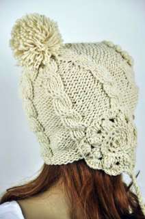   Wool Lady Winter Ski Hat Cap Vintage Floral String Balls Beige  
