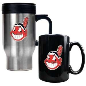  MLB Indians Stainless Steel Travel Mug and Black Ceramic Mug 