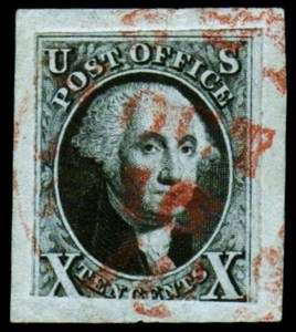 US Stamp Scott 2 Red Cancel 1847 10c  